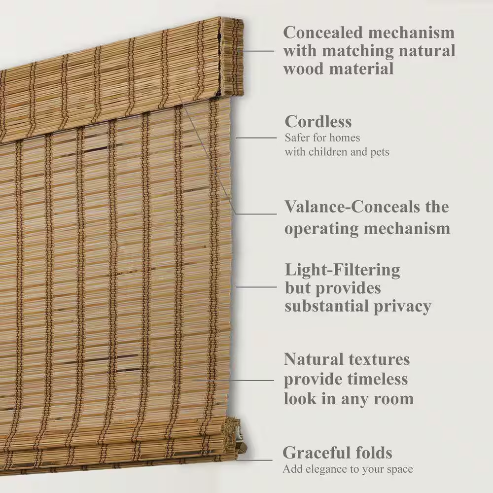 Natural Woven Light Filtering Cordless Bamboo Roman Shades for Windows, 32 In. W