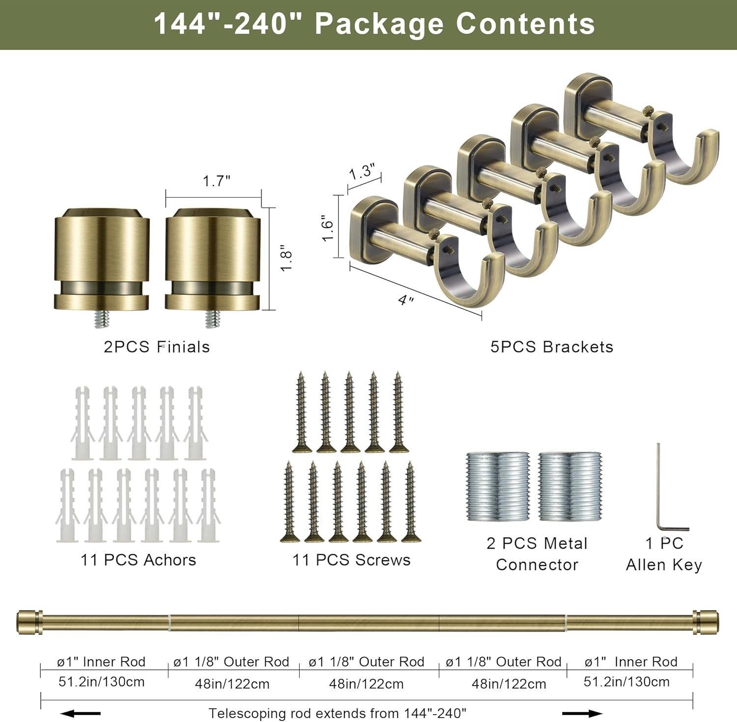 1 1/8 Inch Diameter Curtain Rods 144 to 240 Inches(12-20Ft), Telescoping Heavy D