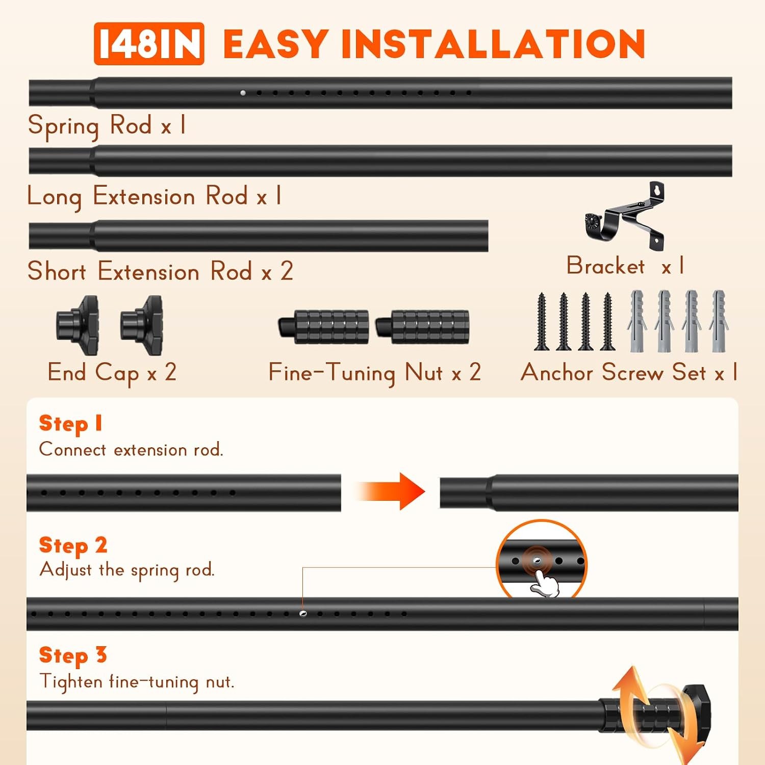 Heavy Duty Adjustable Tension Curtain Rod 45-148 In, No Drill, Rustproof