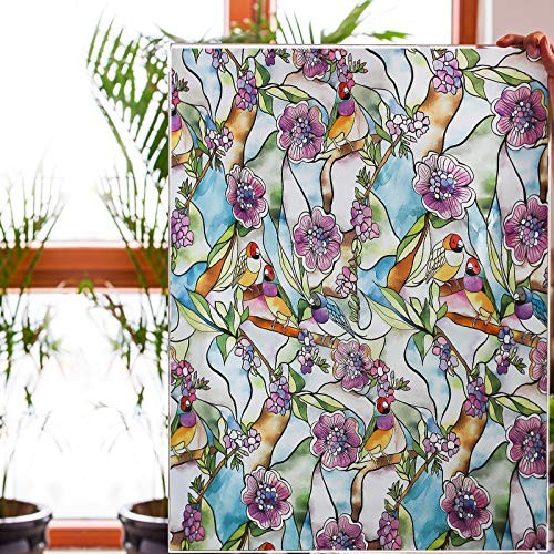 Stained Glass Window Film – 35″x118″, 35 Inx118 In Flower & Bird Pattern