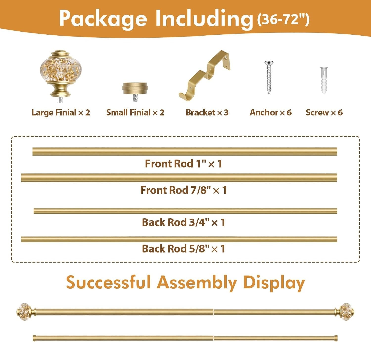 Luxury Gold Double Curtain Rods 36-72” with Crystal Finials, Eco-Friendly Design