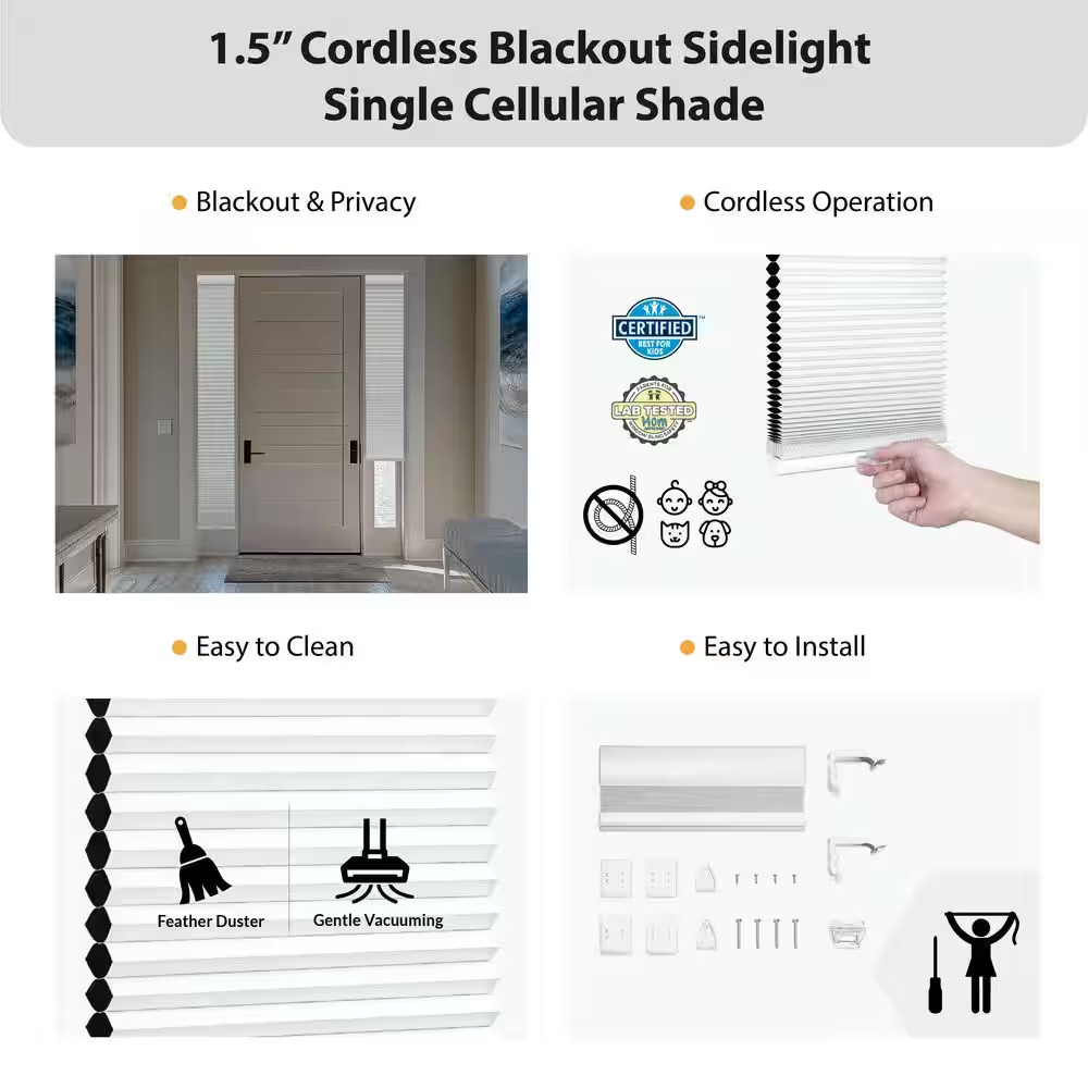 White Cordless Blackout Eco Polyester 9/16 In. Sidelight Single Cellular Shade –