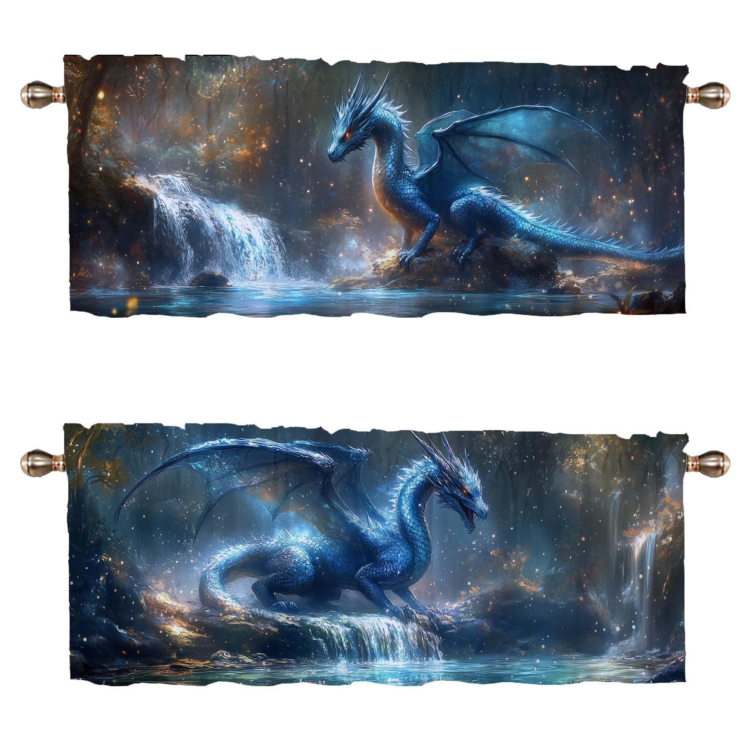 Dragon Forest Kitchen Curtains 2 Pack Fantasy Theme Magic Animal Rod Pocket D…
