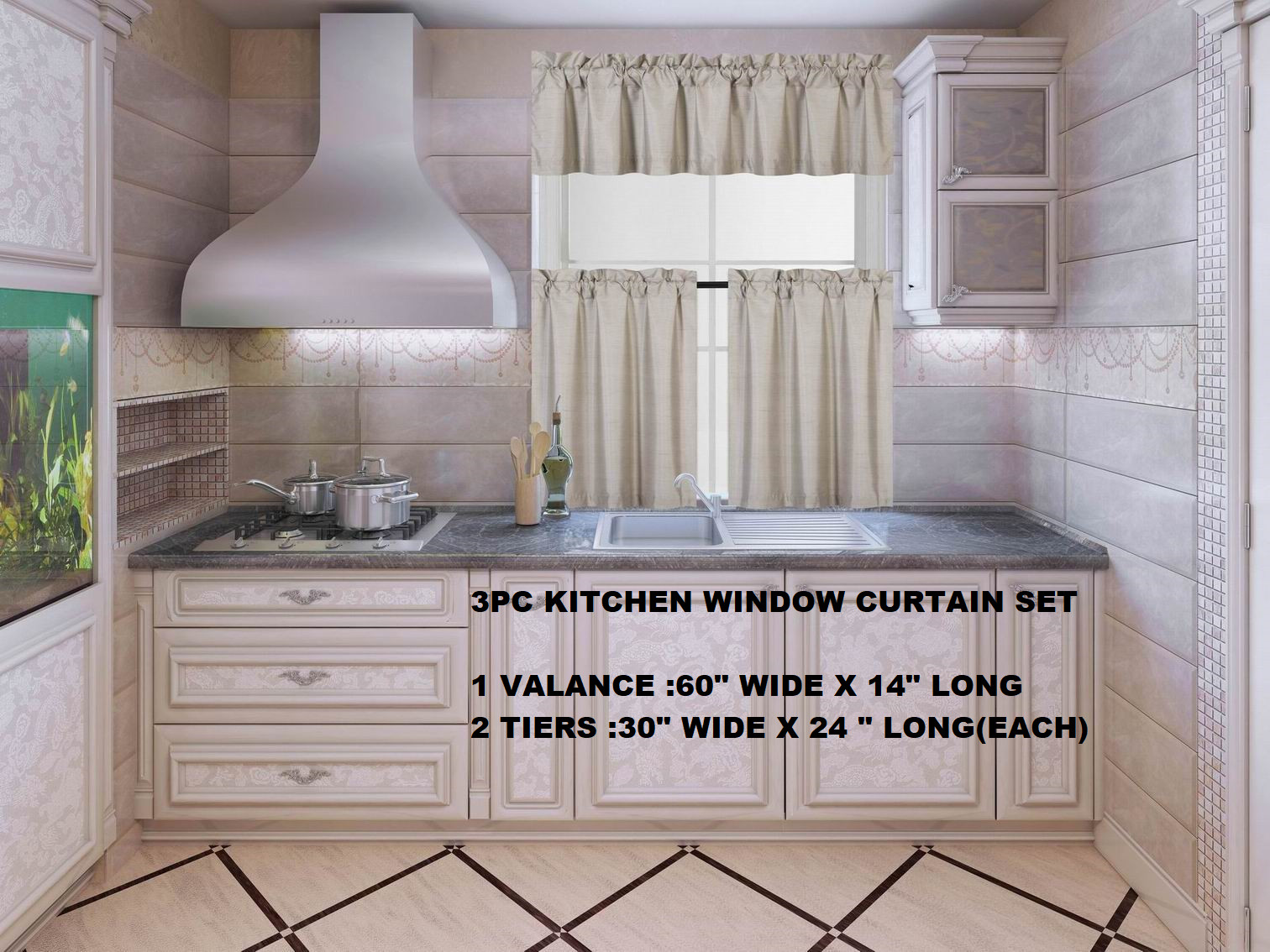 3PC SET (K4) SILKY LINED BLACKOUT KITCHEN WINDOW TIER CURTAIN 60″ W X 24″ L NEW