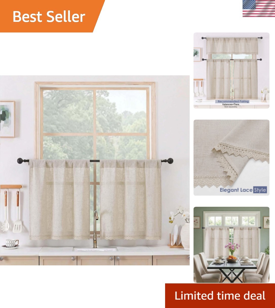 Boho Lace Kitchen Curtains 24 Inch Length – Light Filtering Faux Linen Vintag…