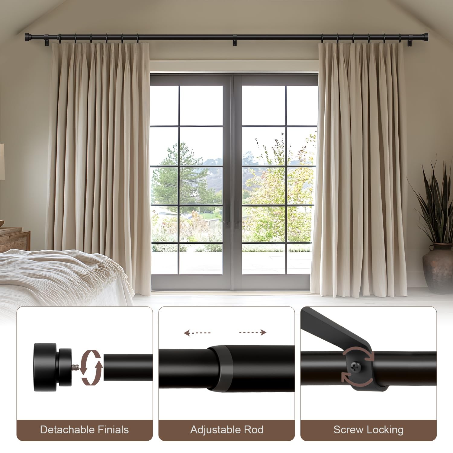 Black Curtain Rods for Windows 48 to 84 Inches Adjustable Heavy Duty 1″ Diame…