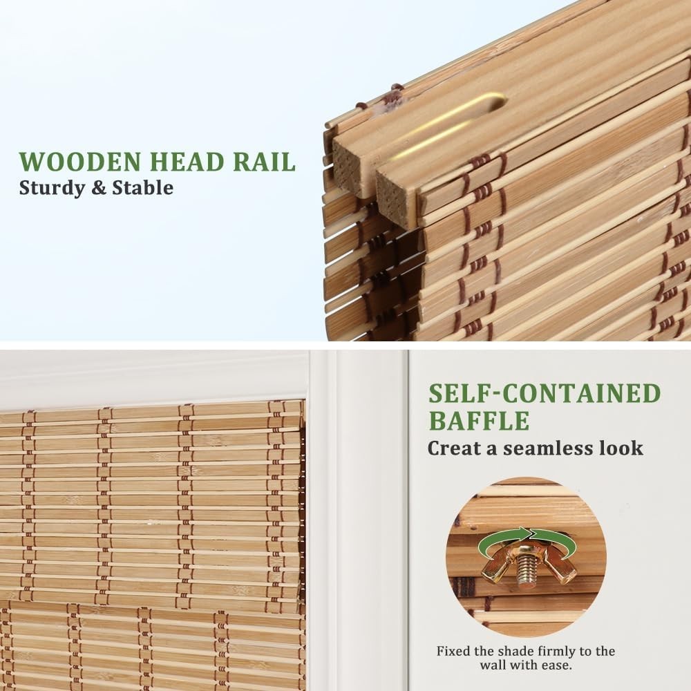 SEEYE Cordless Bamboo Blinds Light Filtering Roller Shades Natural 24″ W x 64″H
