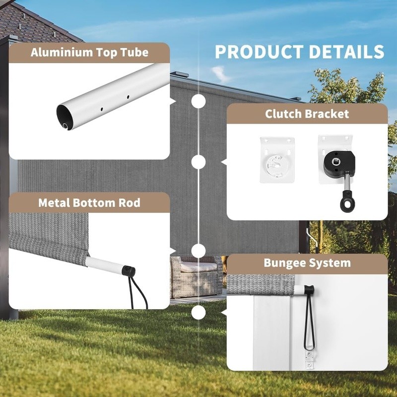 Cordless Outdoor Roller Shades UV Protection Privacy Sunshade Easy Install New