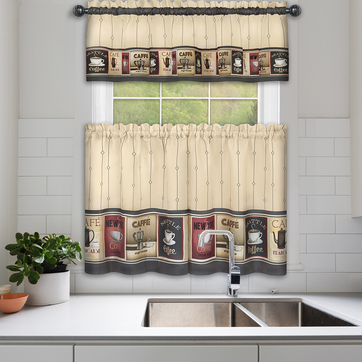 Coffee Houses Geometric Window Curtain Anti-Fatigue Mat Kitchen, Beige/Black