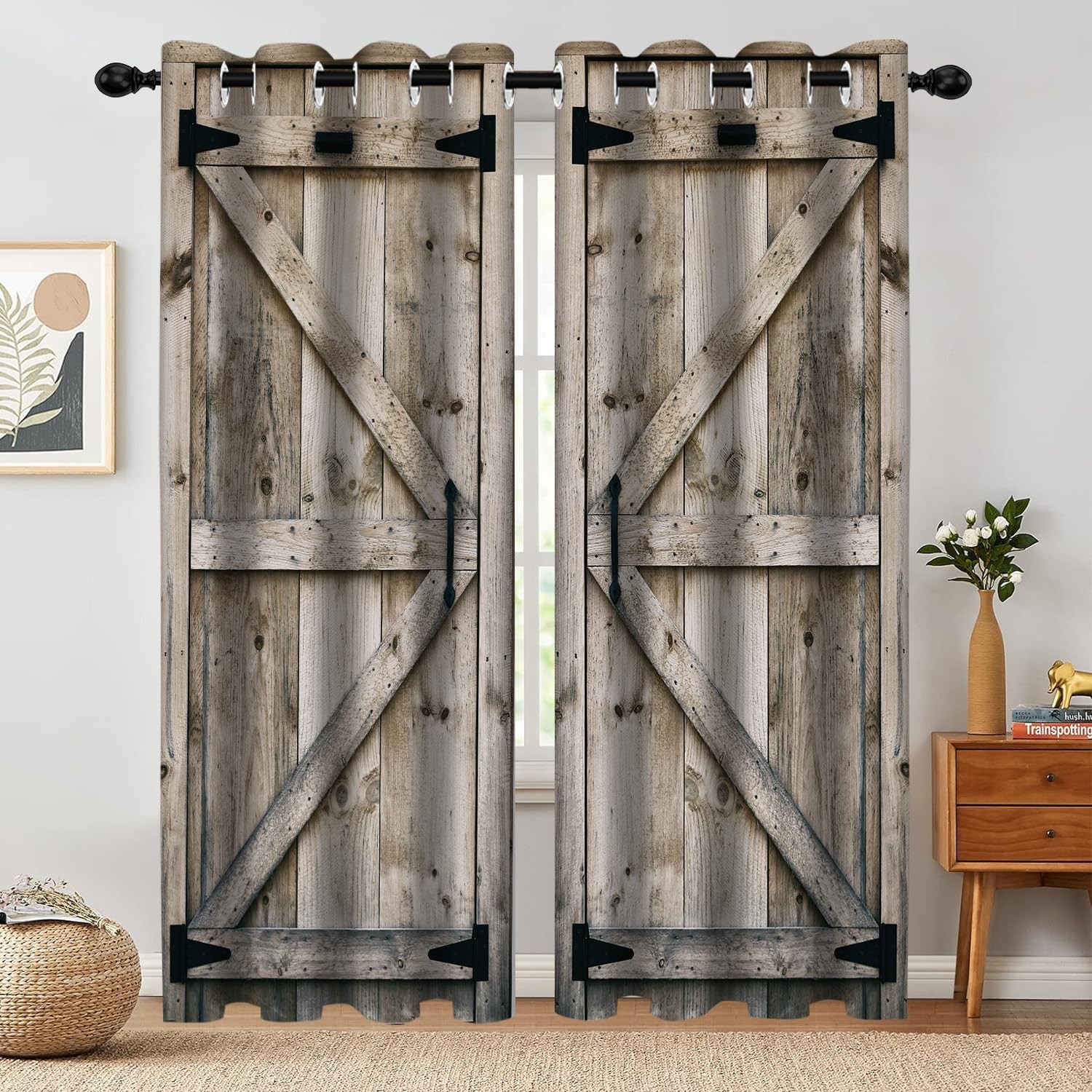 Rustic Wood Barn Door Blackout Curtains, Farmhouse Rural Wood Plank Wooden Door