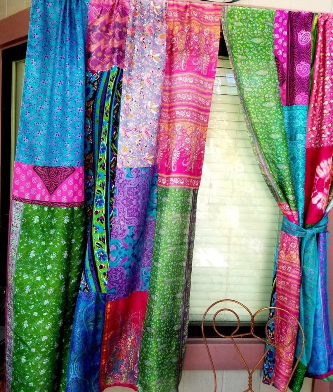 2 Pcs Indian Sari Patchwork Curtain Drape Window Decor Multi Silk Sari Curtain