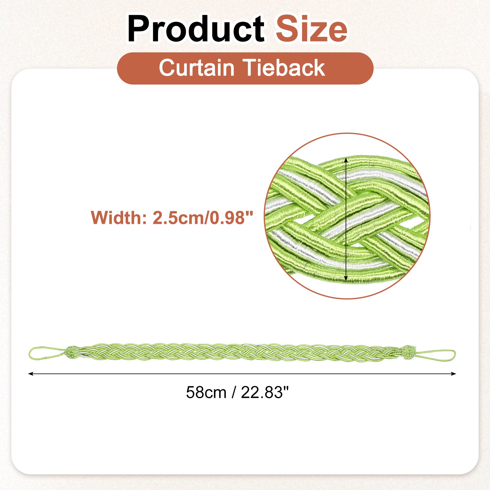 2Pcs 58cm/23″ Curtain Tiebacks Braided Drapery Holdback Holder, Light Green