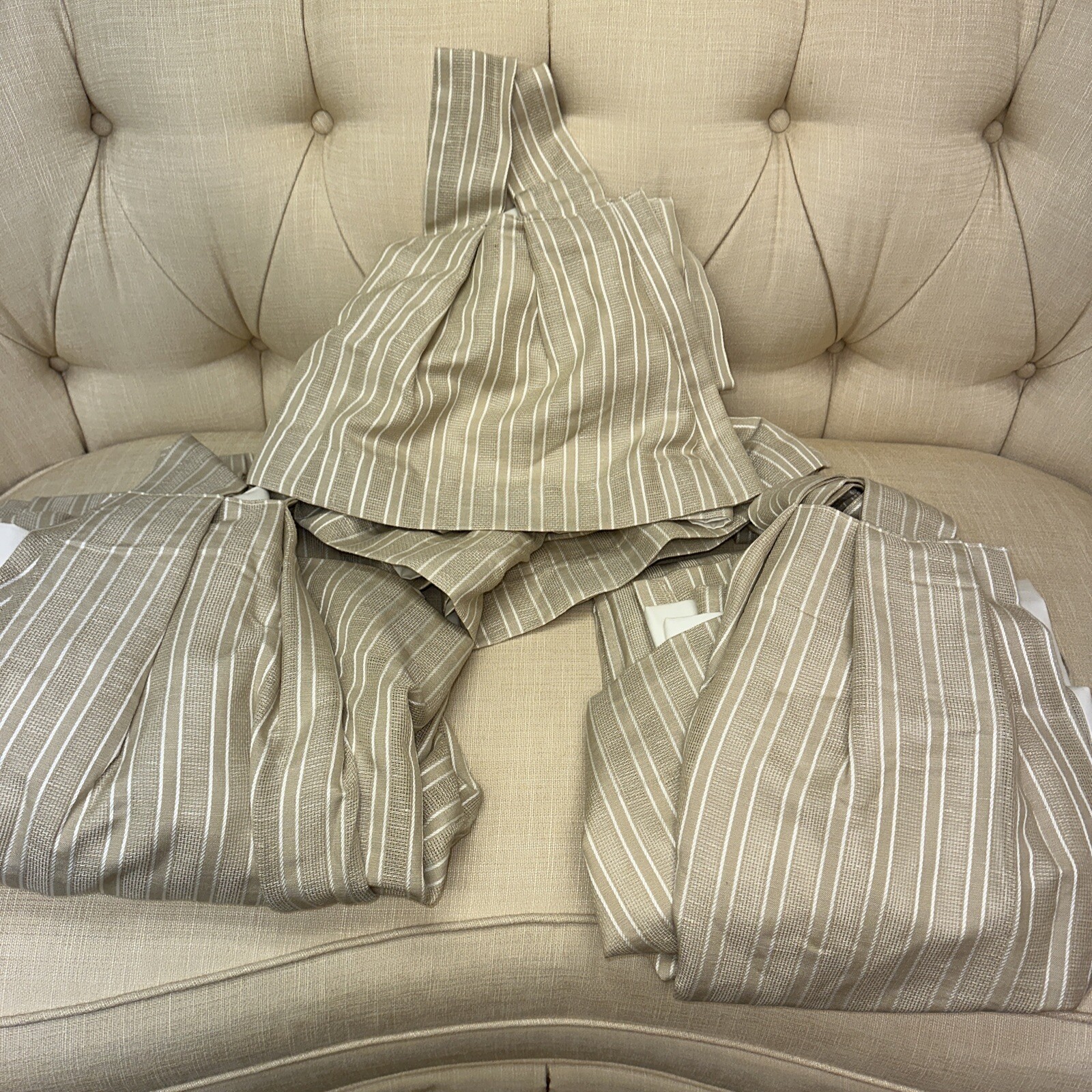 3 Piece Custom Tab Curtain, Drape Lined 25×102 Tan White Textured