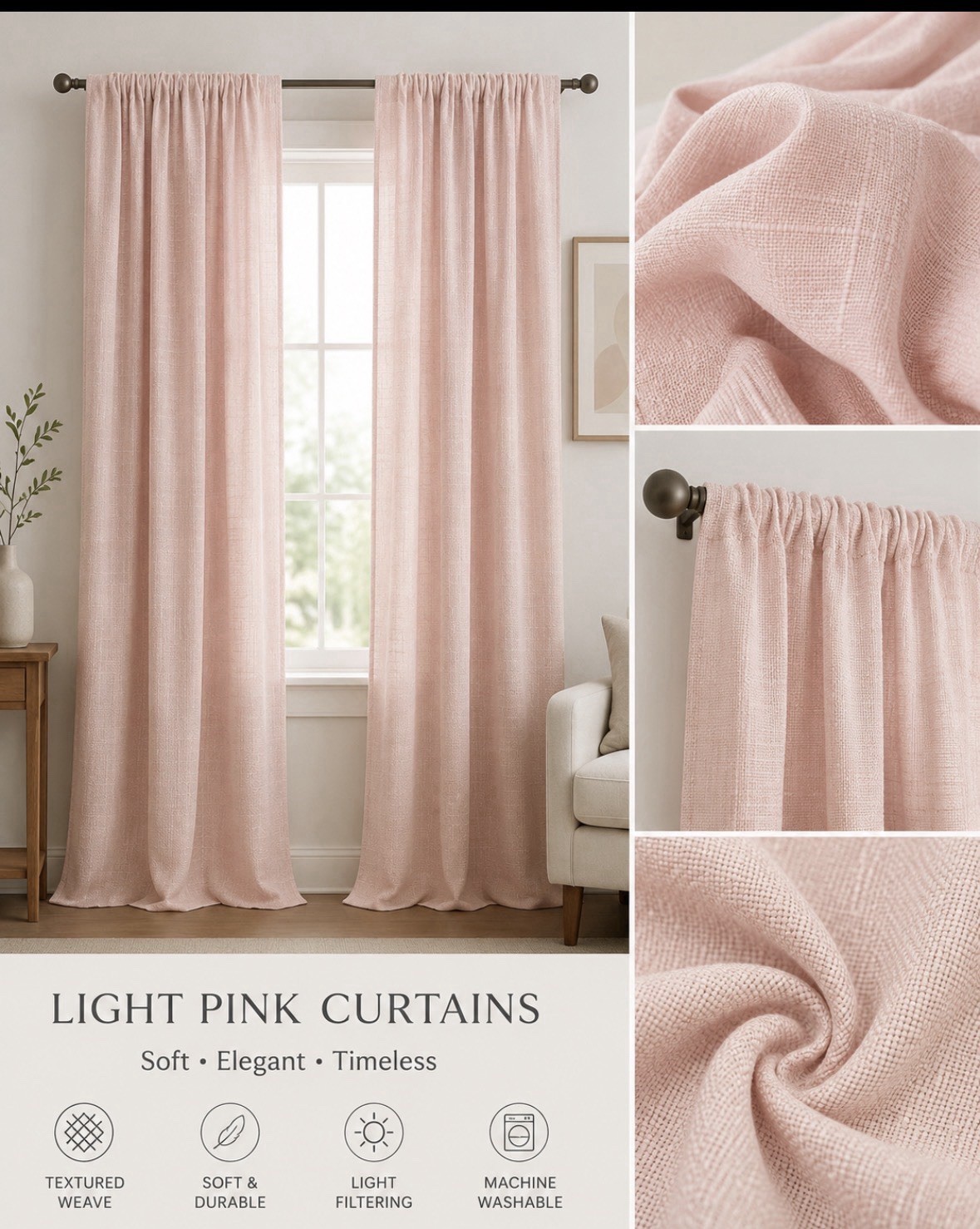 2 Ralph Lauren Linen Curtains Panels Drapes 54” x 96“ Pink Peachy.