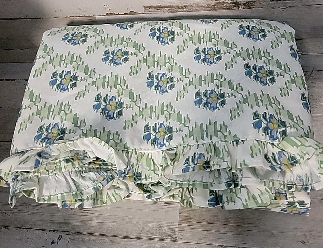 West Elm Two (2) Rhode Jawahar Floral Ruffle Cotton Curtain 48×96 Celadon
