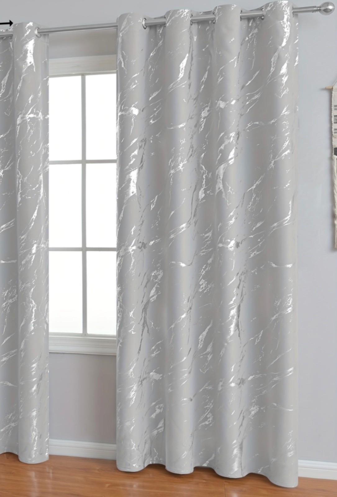 2 pannel Silver/Gray Abstract 104″ longX 54″ wide silver Gromments