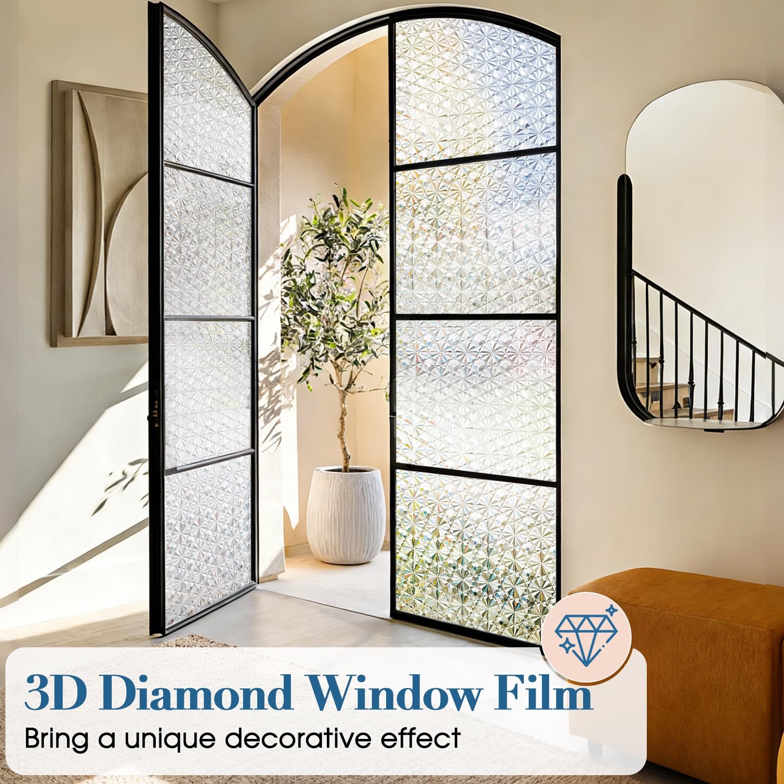 Windimiley 3D Diamond Frosted Glass Window Privacy Film, 17.5×78.7in, Pure