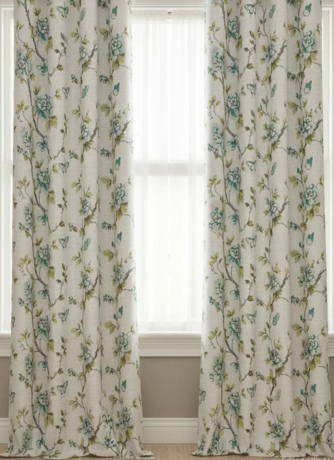 4 Drapes Embroidery Aqua Blue Floral & Butterflies Ivory Cotton Special Purchase