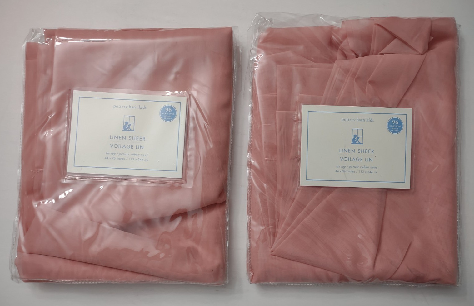 NIP Set of 2 Pottery Barn Kids pink tie top 100% Linen Sheer Curtains 44″ x 96″