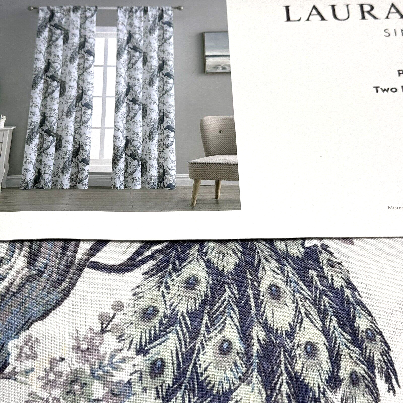 Laura Ashley Peacock 2 Window Curtain Panels 38×108 Belvedere Floral Blue Green
