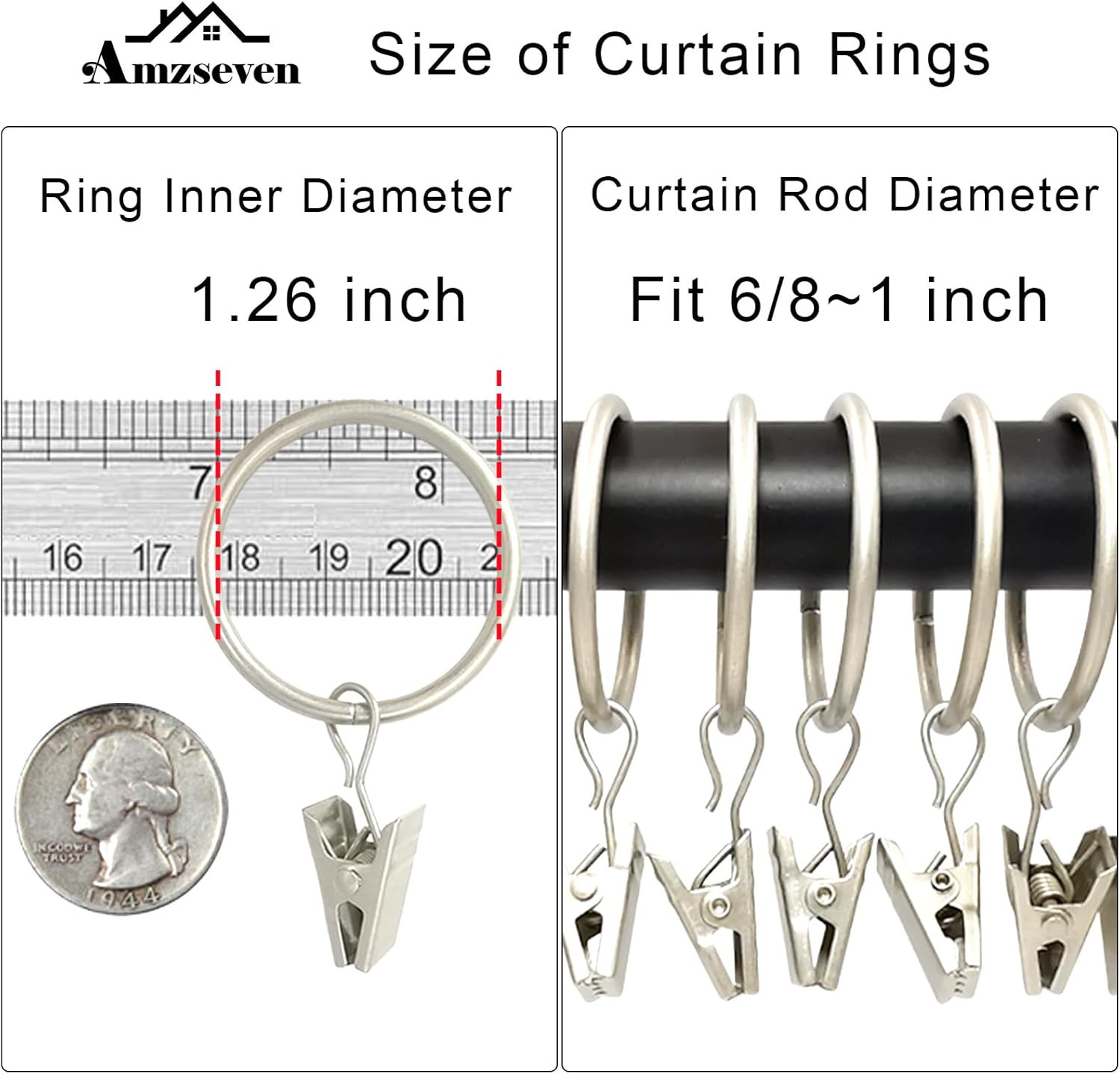 40-Pack Matte Silver Curtain Rings with Clips, 1.26″ Interior Diameter
