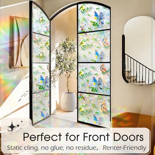 Stained Glass Privacy Window Film 3D Rainbow Bird 17.5″W x 78.7″H Bird Rainbow