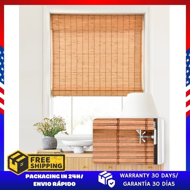 LazBlinds No Tools No Drill Cordless Bamboo Roman Shades Window 39″ W x 64” H