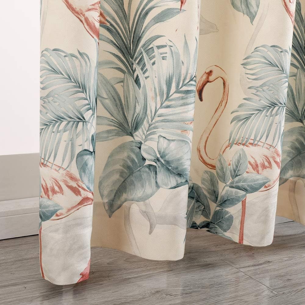 White Blackout Curtains Grommet Microfiber Pastoral Leaves Flamingo Floral