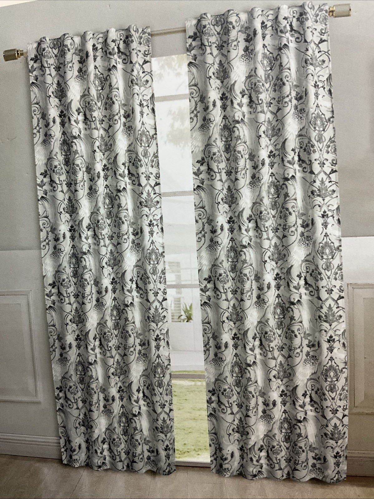 2 – Laura Ashley Tregaron Damask Cotton Curtain Window Panels Gray Bird 37 x 84”