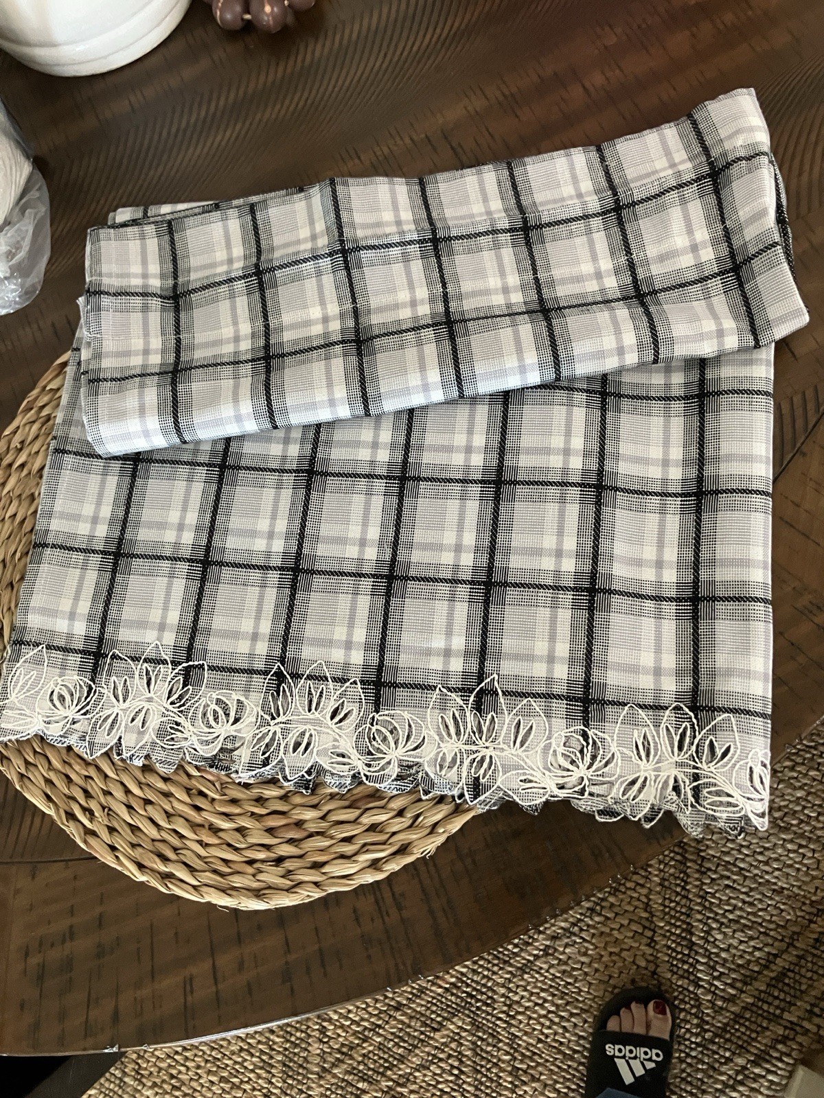 Dover Curtains, Dover Plaid Cutwork Embroidery Tier Black, 60″ W x 24″ L, 2 Set