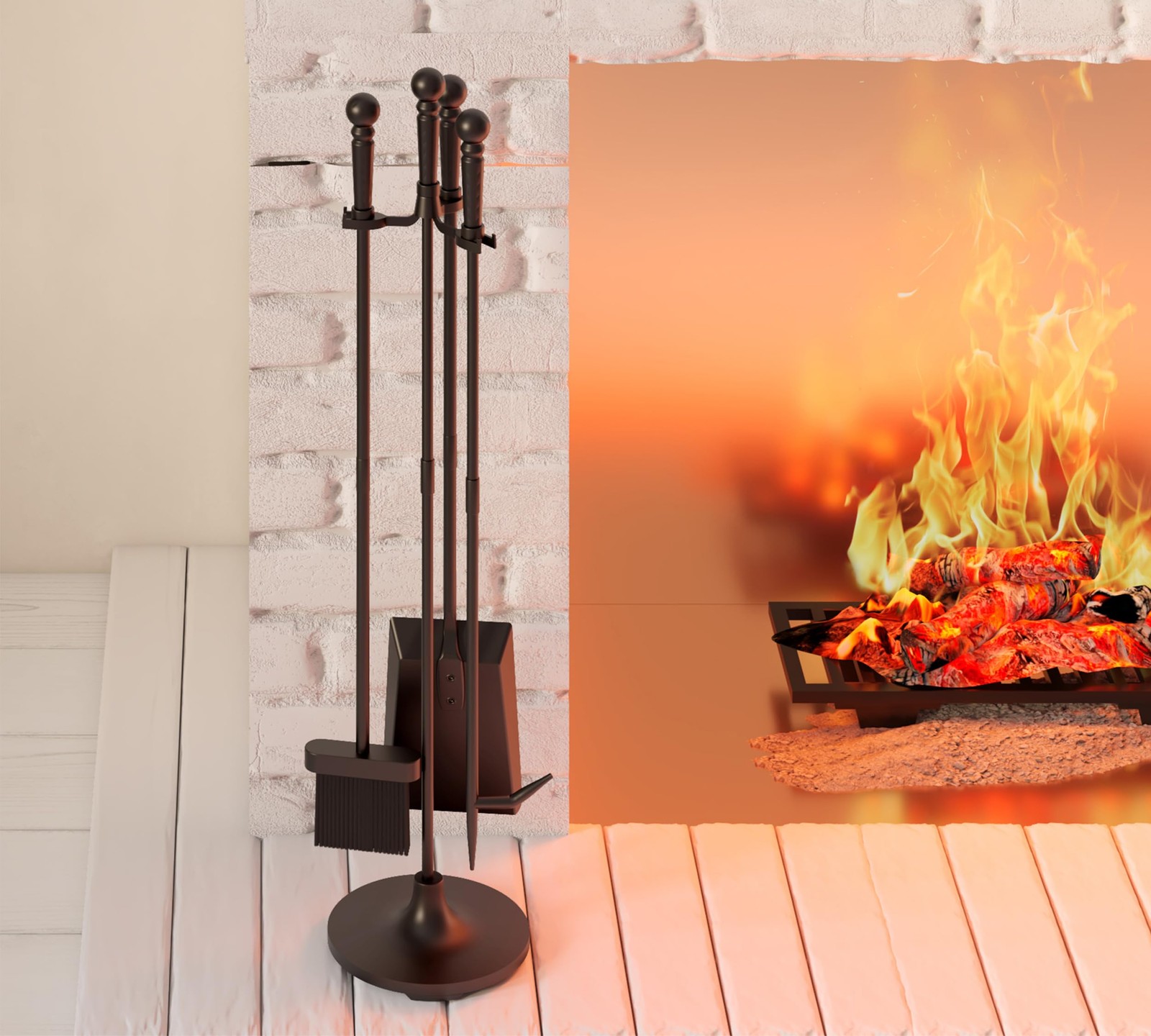 Fireplace Tools Set 4 Pieces Black Wrought Iron Fire Tool Set for Outdoor/Ind…