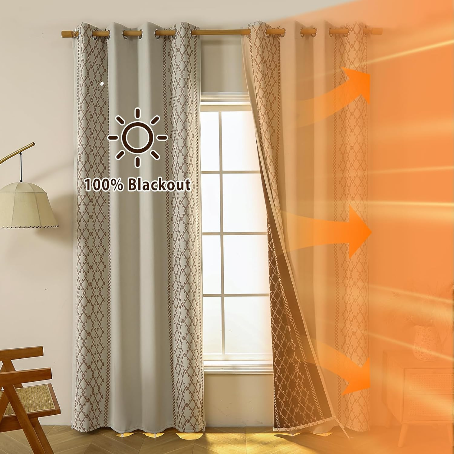 Beige Boho 100% Blackout Curtains 2 Panels Embroidered Grommet 52×84 Drapes