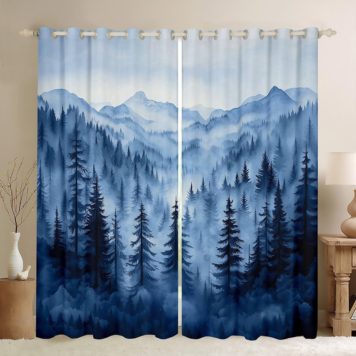 Boys Blue Forest Curtains Drapes 38″ Wx45 L,Rustic Woodland Pine Tree 50% Blacko