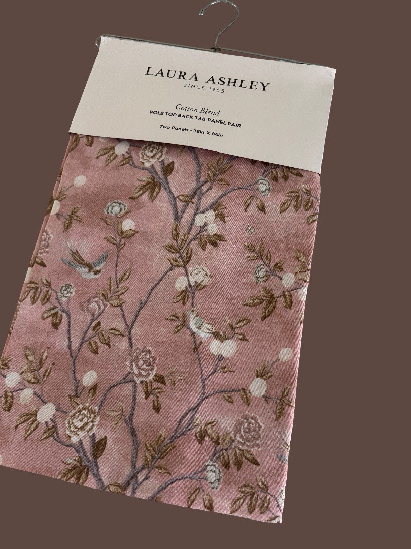 NIP Laura Ashley Window Curtains 2 Panels 38 x 84 Birds Rose Pink Brown Back Tab