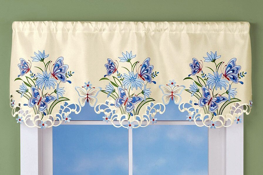 Embroidered Butterfly Valance Blue Bouquet Floral Spring Valance 40″ Wide x 15″L