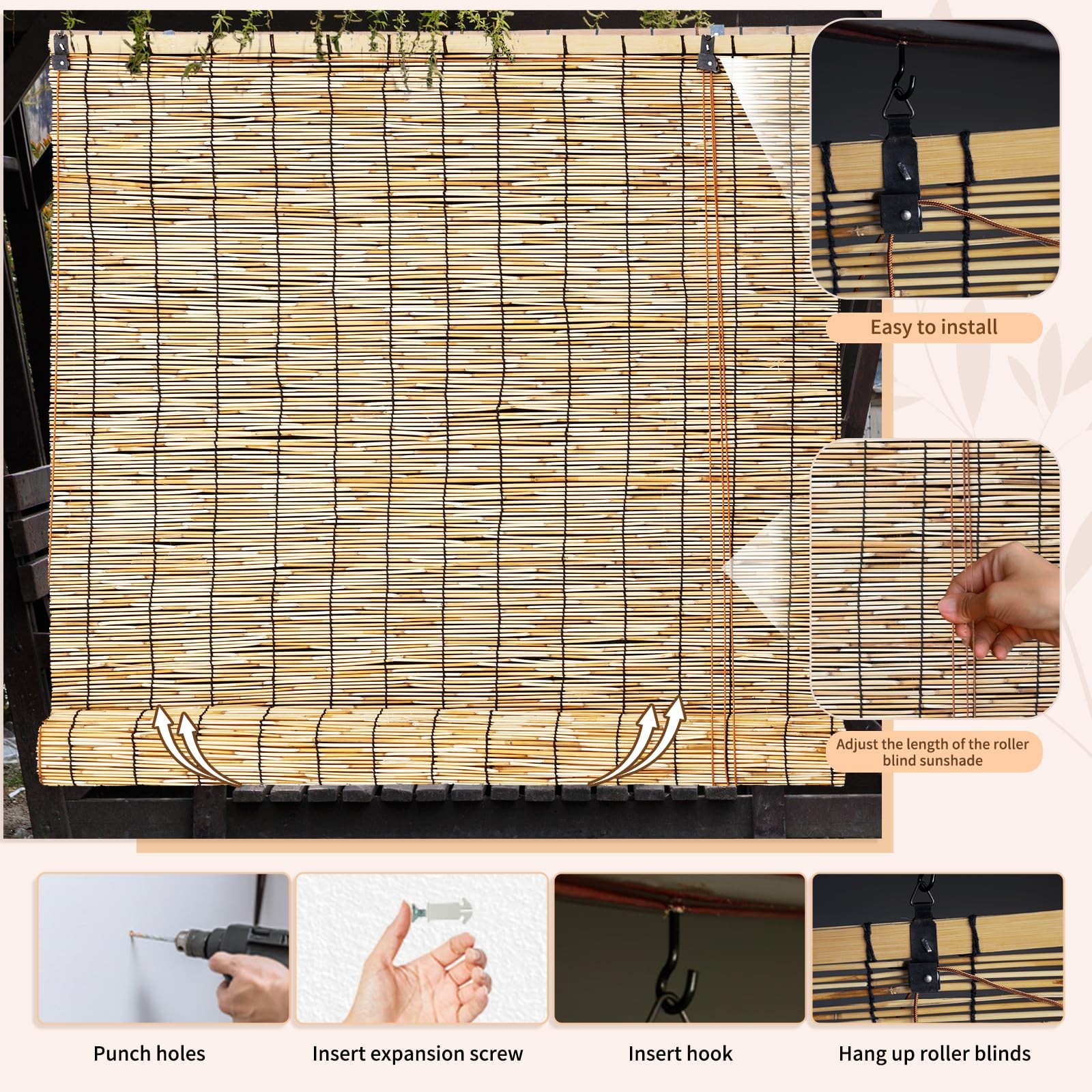 Shydzyyc Reed Roller Shades 48 W X 72 H Waterproof Privacy Screen Bamboo