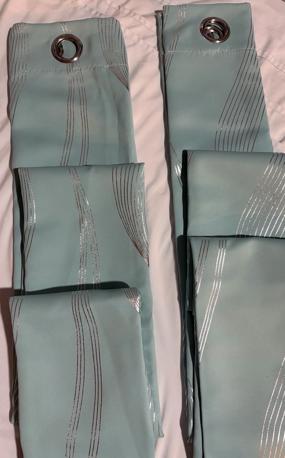 New Open Box 2 Panel Set Light Blue & Silver Foil Striped Blackout Curtains- 42″