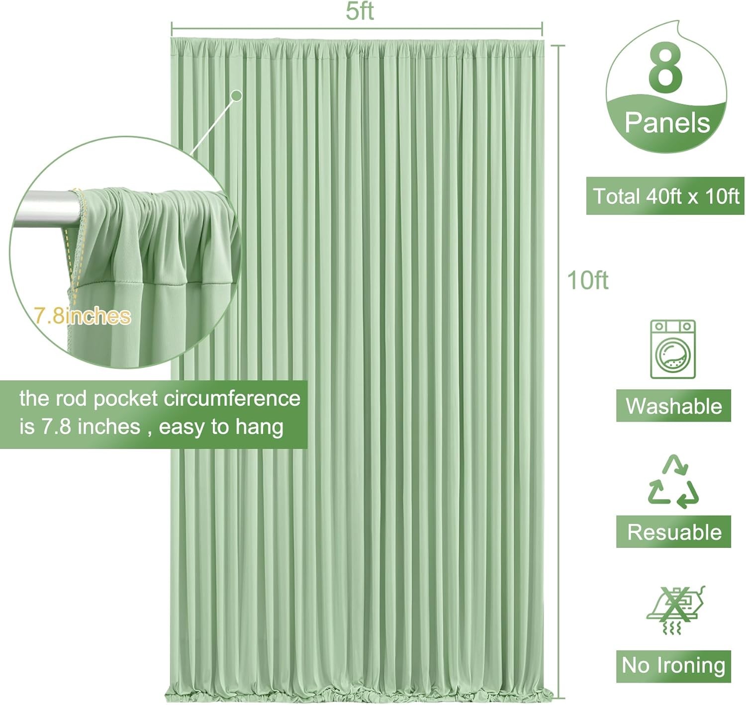 8 Panels Sage Green Backdrop Curtain for Wedding Baby Shower Wrinkle 40ft x 10ft