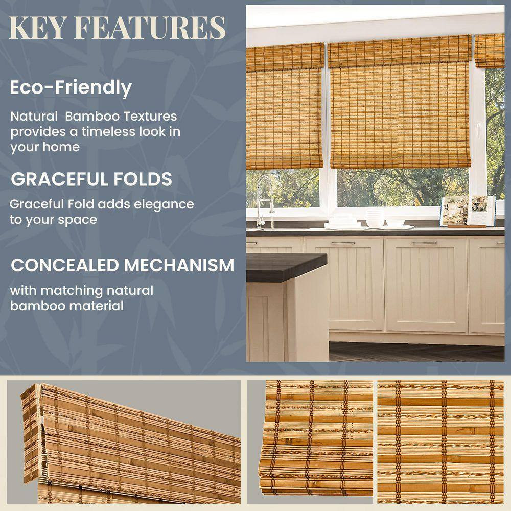 Natural Woven Light Filtering Cordless Bamboo Roman Shades for Windows, 27 In. W
