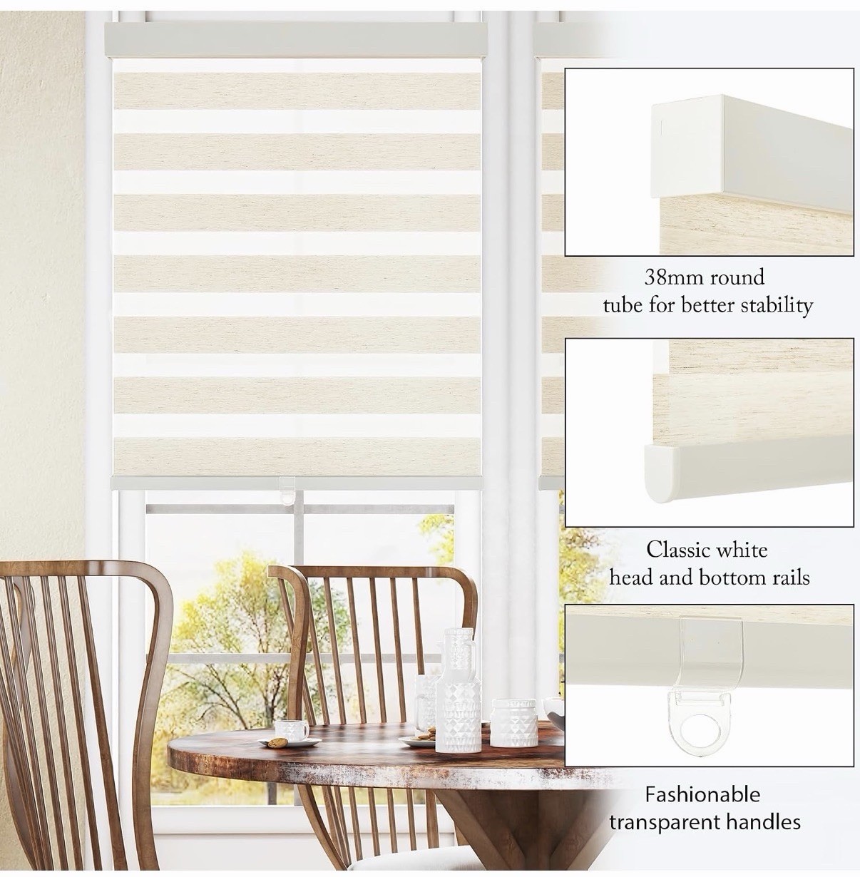 Cordless Zebra Blinds for Windows Flaxen Zebra Shades Light-Filtering D 30w 64H