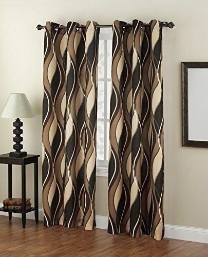 Set 2 Gray Brown Tan Geo Wave Curtains Panels Drapes Pair 63 84 95 in L Grommet