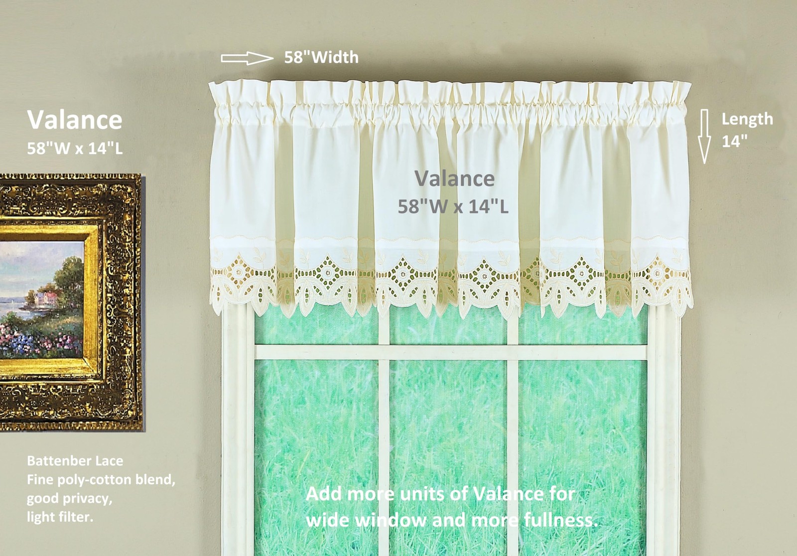 Today’S Curtain Todays Curtain Heirloom Battenberg Eyelet Valance 14 Ecru 58 W