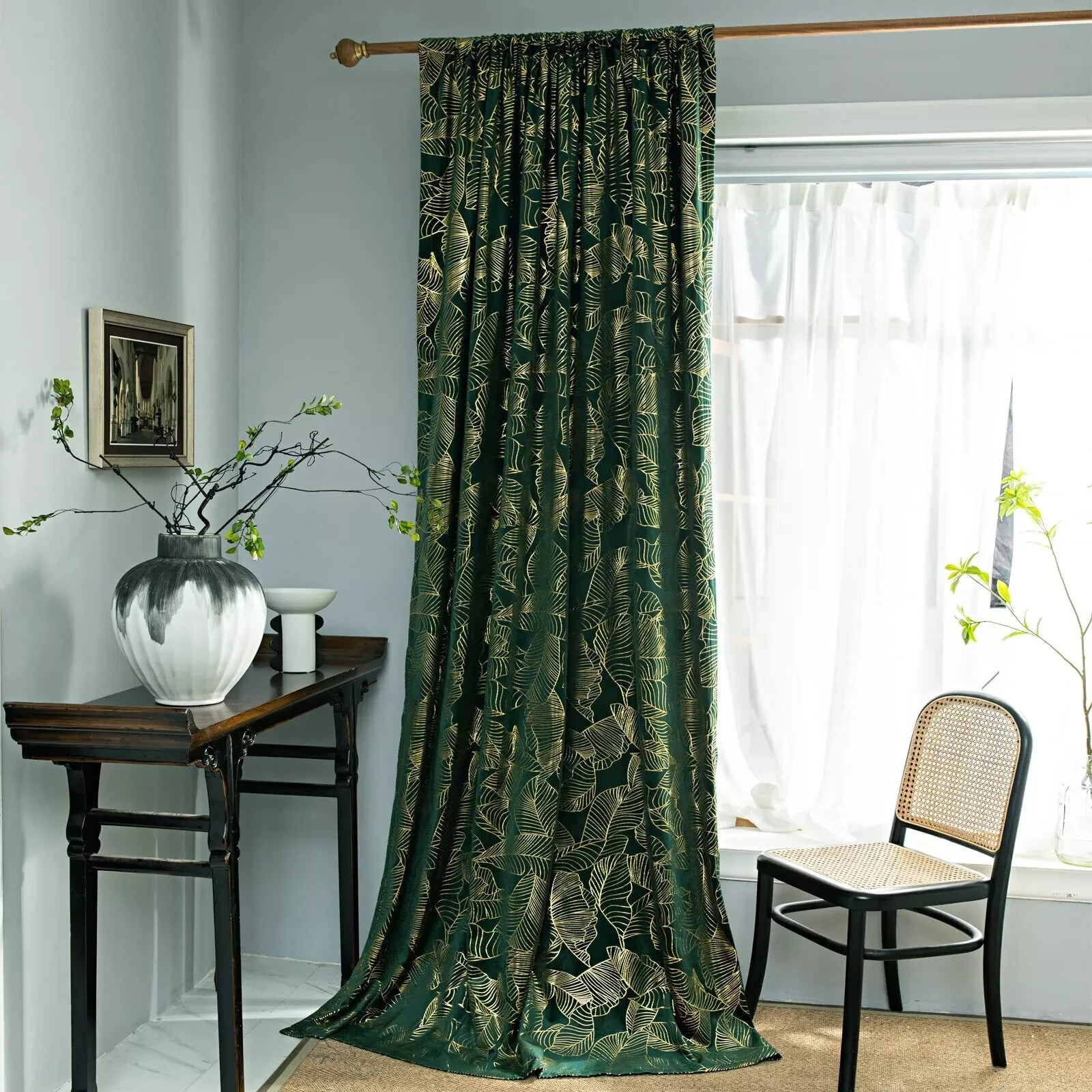 Velvet Green Curtain Leaves Bedroom and Living Room high-end Gold foil Printi…