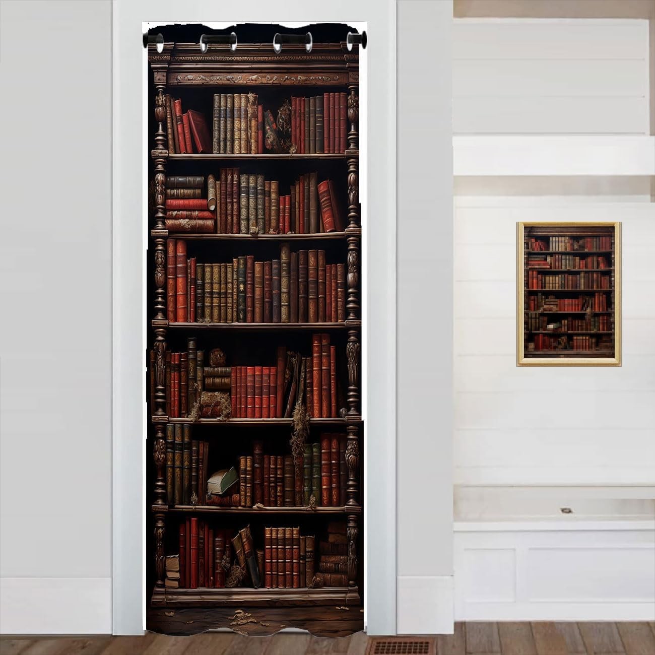 Library Bookshelf Door Curtain for Doorway Privacy, Vintage Educational Bookcase