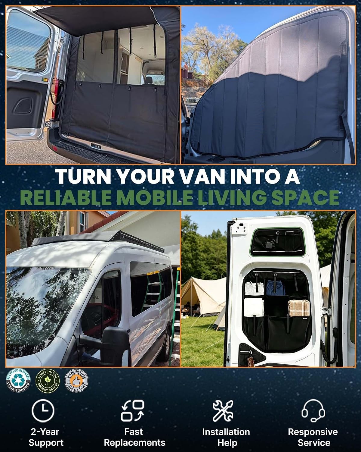 Magnetic Blackout Rear Window Covers Shades For 15-26 Ford Transit Mid/High Roof