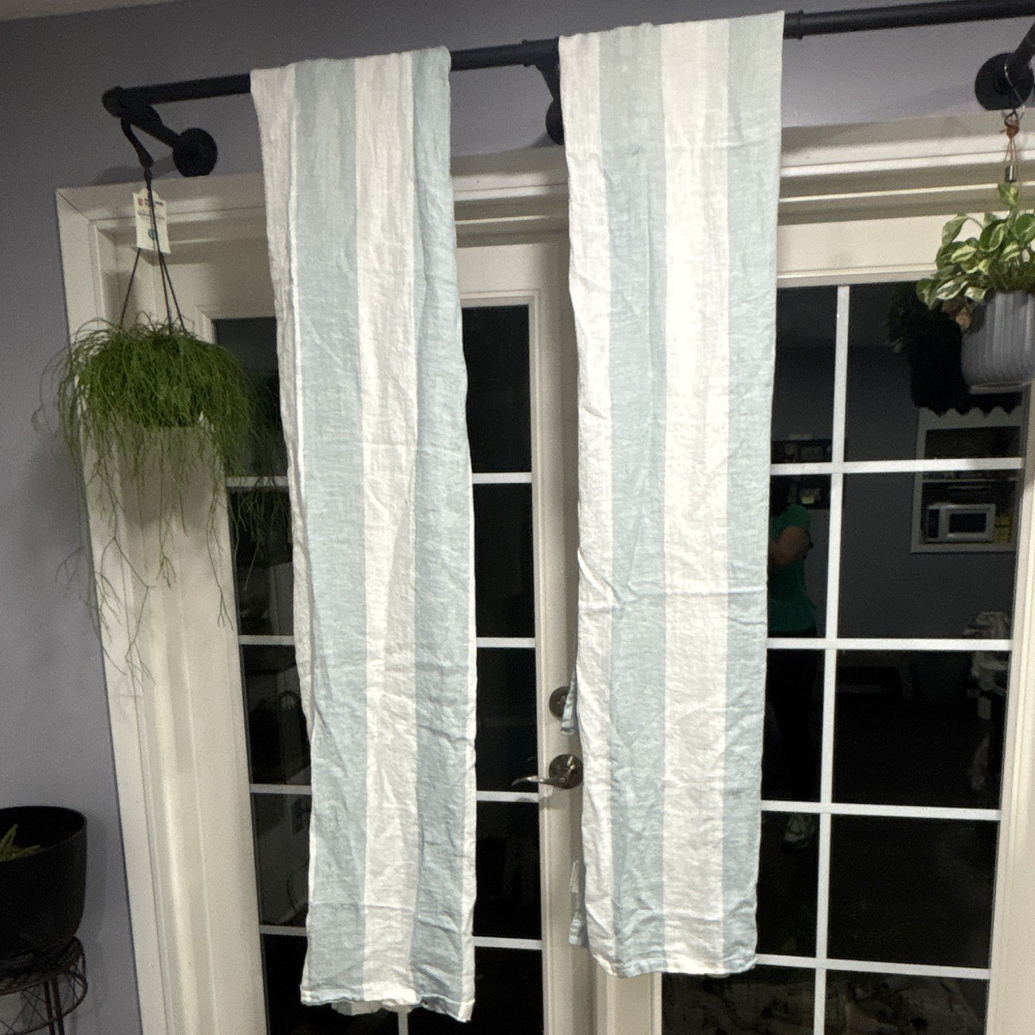 Pottery Barn 100% Linen Stripe Blue/White Curtain 50×96 Rod Pocket, 2 Panels