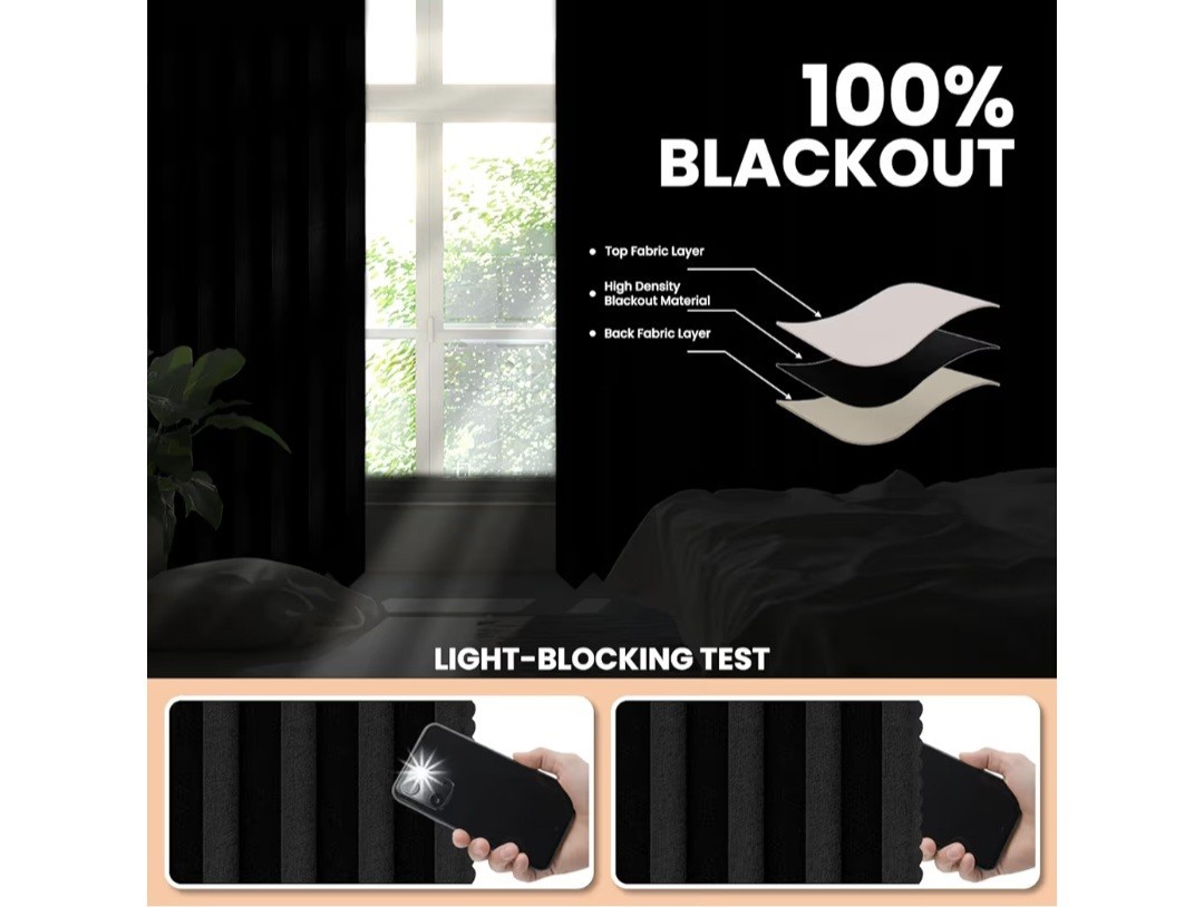 Jilron Room Divider Curtain-Black Fabric-100″x108″-Flexible Curtain Track-NEWSLD