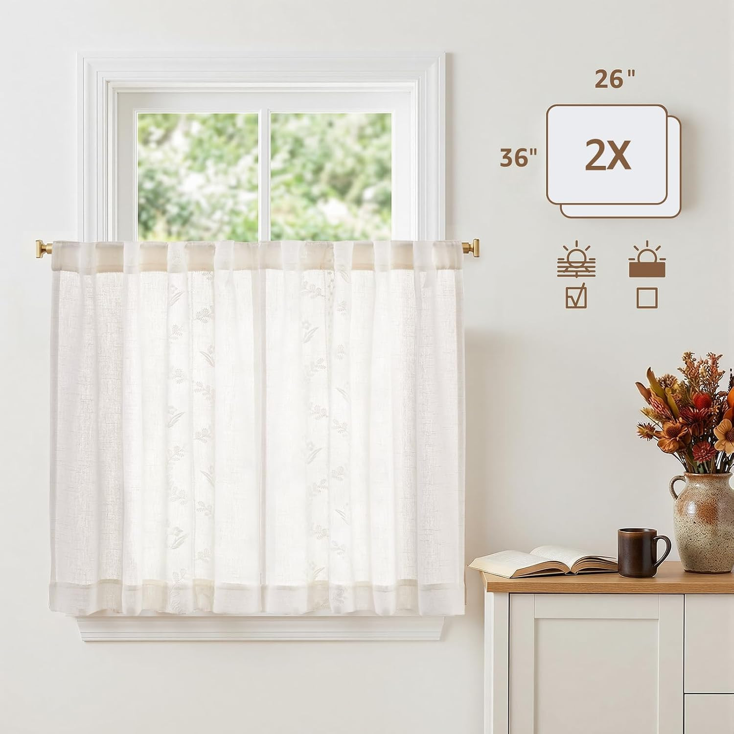 jinchan Belrose Linen Floral Kitchen Curtains 36 inch Length Embroidered Farmhou