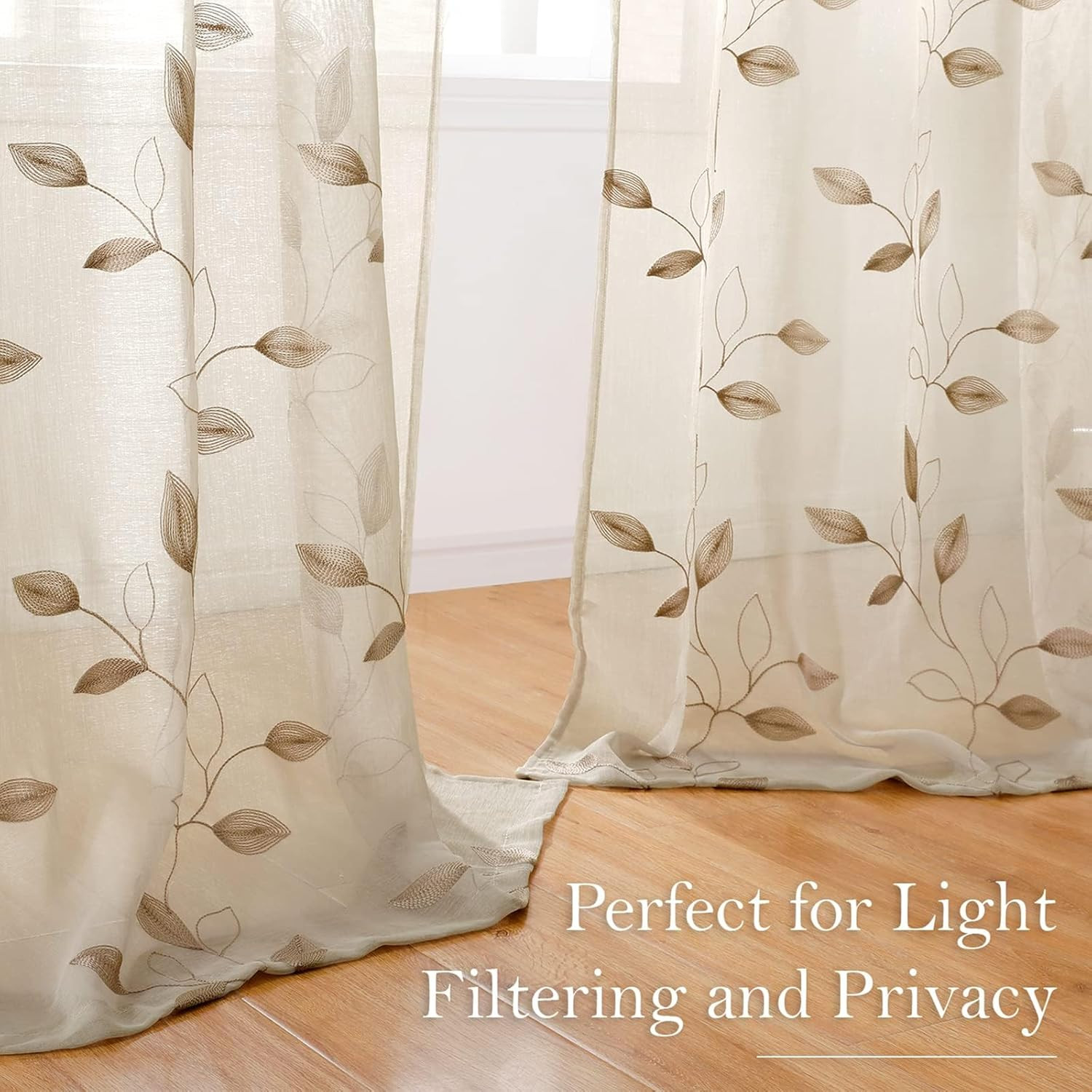 Taupe Sheer Curtains 52 X 63 Inches Length 2 Panels Beige Embroidered Leaf Patte