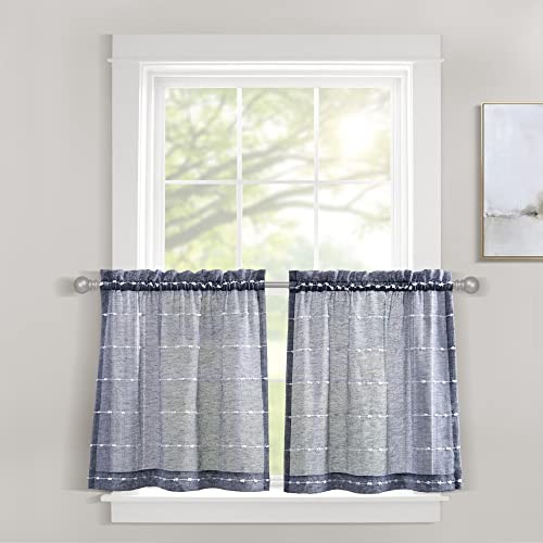 Farmhouse Textured Sheer Kitchen Window Curtain 18″W x 18″L (Pack of 2) Navy